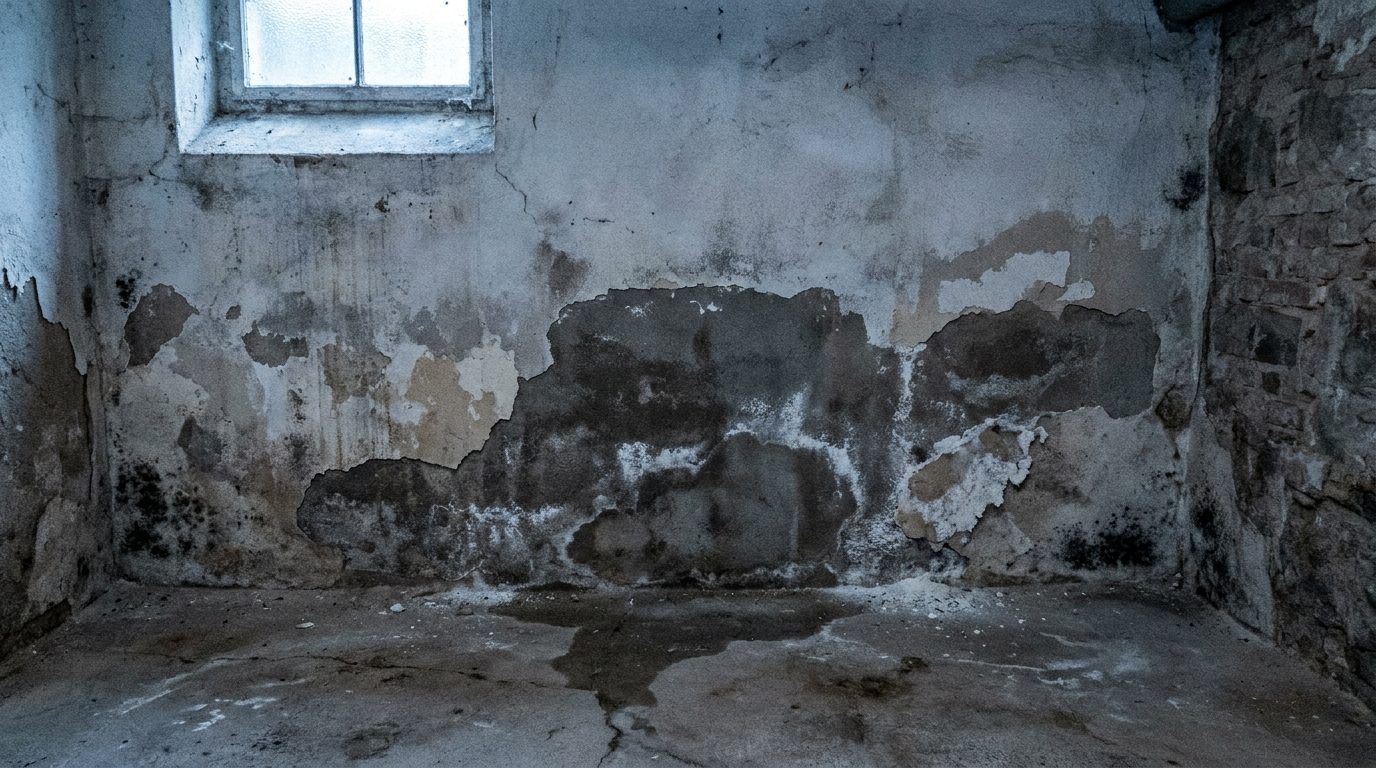 Átnedvesedett pincefal hámló vakolattal és penésszel
