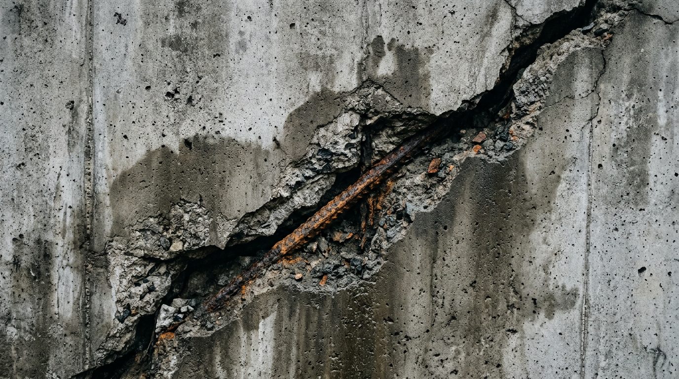 Táguló repedés a vasbeton szerkezetben, korrodált vasalással